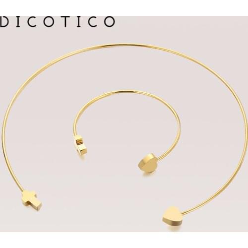 Simple Cuff Collar Necklaces Bangles Sets For Women Heart Cross Stainless Steel Jewelry Set Women Fashion Wedding Choker 2021