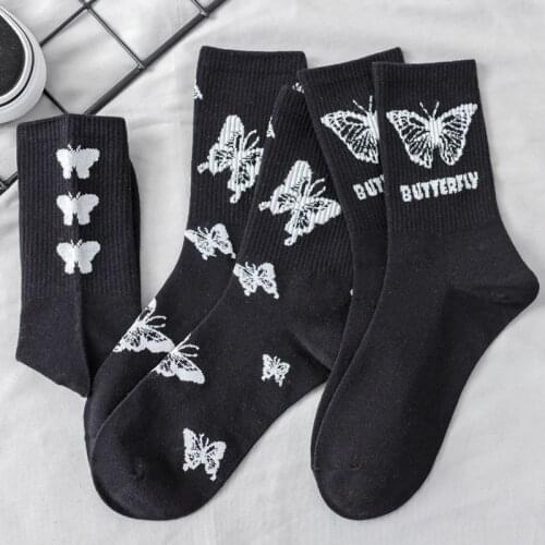 Women Long Socks With Butterfly Middle-Tube Sock With Print Long Breathable Lady Girls Streetwear Harajuku Socks носки длинные