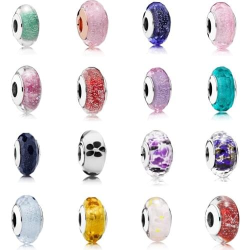 NEW 2021 100% 925 Sterling Silver Purple Flower Charm Glass Beads Fit DIY Original Bracelet Fshion Jewelry Gift