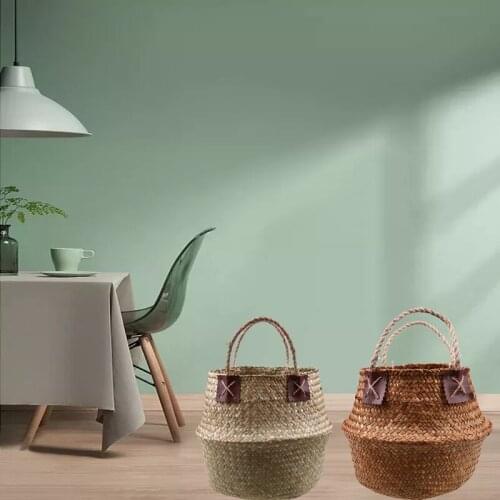 Wicker Storage Basket with Handle Handmade Seagrass Sundries Container laundry Foldable Baskets Woven Plant Pot Garden Decor
