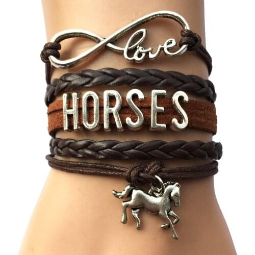 Drop Shipping Infinity Love Horses Bracelet -Brown Leather Frienship Horse Charm Bracelet Bangle