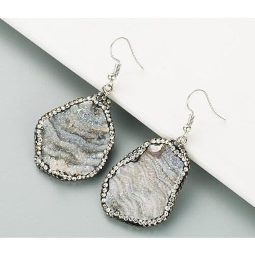 Paved Clear Crystal Surround Wrapped Textured Natural Crystal Quartz Druzy Dangle Earrings Women Fashion Natural Stone Jewelry