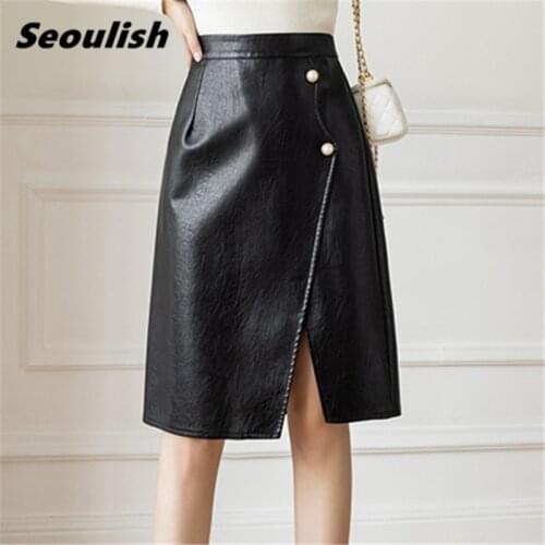 Seoulish Autumn Winter Womens PU Leather Skirts 2021 New Solid Elegant High Waist Wrap Ladies Buttons A-Line Midi Skirts Female