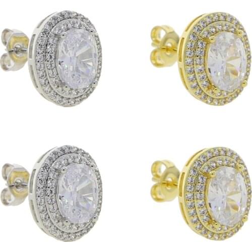 High Quality Gold Plated Iced Out Oval Egg Shaped Stud Earring Hip Hop Bling Micro Paved Clear CZ Stud Earrings For Women Men