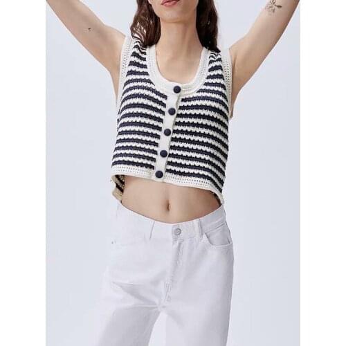 2021 Womens Fashion Springl Striped Knit Cardigan Vest Sweater Vintage O Neck England Style Short Waistcoat Pull Femme Hiver