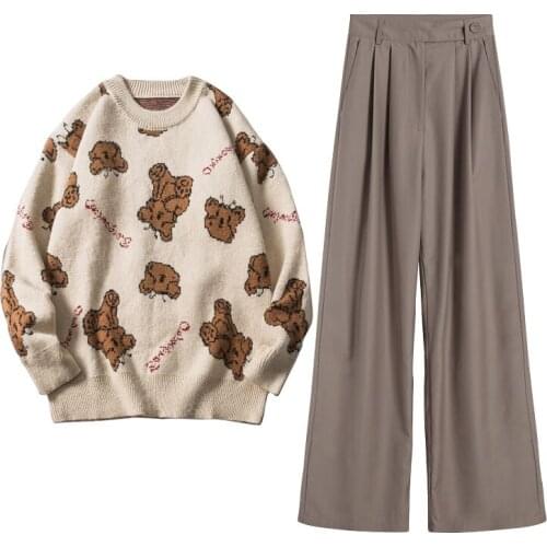 Women Knitted Sweater Two Piece Sets Jacquard Tracksuit Chic Pullover Crewneck Long Sleeve Tops and Casual Wide Leg Pants