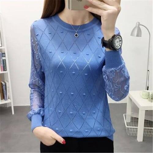 2021 Winter Long Lantern Sleeve O Neck Sweaters Women Fashion Embroidery Lace Sleeve Sweaters Lady Hollow Out Sleeve Knitted Top