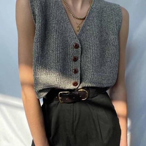B-TOTO American Retro Mixed Gray Knitted Vest Vest Women Trendy Ins Outer Wear V-neck Blouse 2021 New Fashion