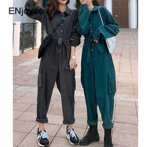 Women 2020 Autumn Winter High Street Velvet Jumpsuits Female Ankle-length Handsome Long Sleeve Loose Cargo Pants Playsuit