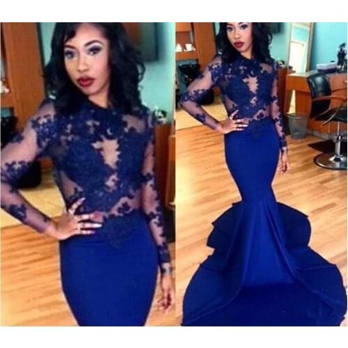 Gorgeous High-neck Long Sleeve Mermaid Prom Dresses 2019 Lace appliques Formal vestido de festa longo Royal Blue Evening Gown