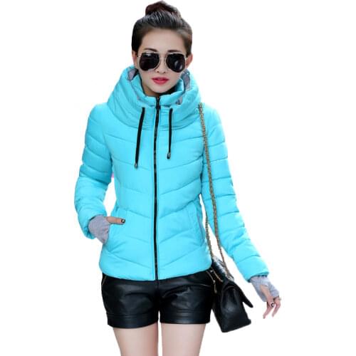 Winter Women Thick Outwear Female Warm Coat Hooded Parka Cotton-padded Ladies solid color parka stand collarShort paragraph