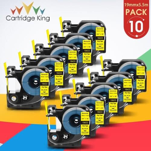 10PCS 18433 19mm for Dymo Rhino Permanent Vinyl Cassette Label for Rhino 4200 5000 5200 6000 LabelMaker Ribbon Black on Yellow