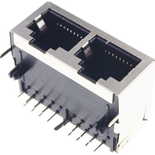 2pcs RJ45 Dual Port Shielded Modular PCB Jack 8P8C Right Angle Through Hole PCB Ethernet connector Tab Direction Down 2 Ports