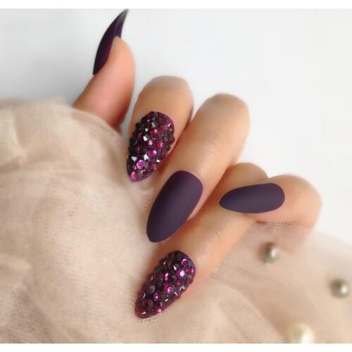 24 fake nails artificial pressure long point matte grape Purple Brown pressed coffin Nail Art Tips all water drill customization