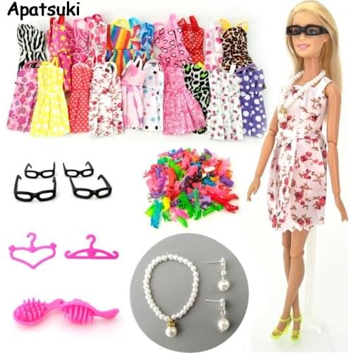 30 items/set 1/6 Doll Accessories = 10 Pairs Shoes & 10 Fashion Dress For Barbie Doll Outfit Clothes Necklace Earring Glasses