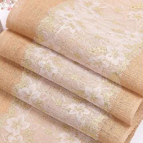 HAZY Natural Jute Table Runner Gold Lace Table Runners for Wedding Christmas Restaurant Banquet Party Tablecloth Decoration
