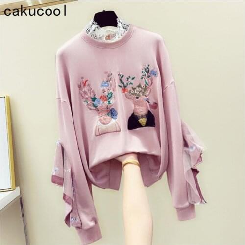Cakucool Elk Embroidery Sweatshirt Women Ruffles Lace Round Neck Pullover Asymmetric Loose Korean Hoodies Sweatshirts Female