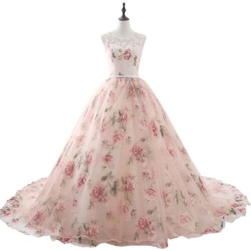 Elegant Sleeveless Ball Gown Sleeveless Scoop Neck Long Evening Dress Printed Tulle with Lace Vestidos Long Party Dress Pattern