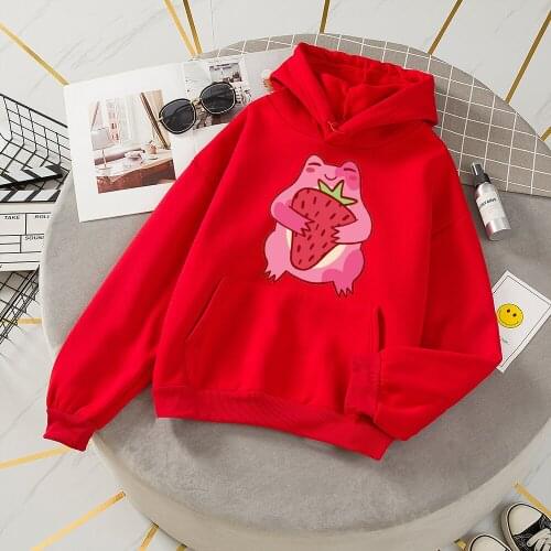 Strawberry Frog Print Hoodies Women Hooded Sweatshirts Harajuku Hip Hop Hoodie Sweatshirt Womens Japanese Sudadera Streetwear