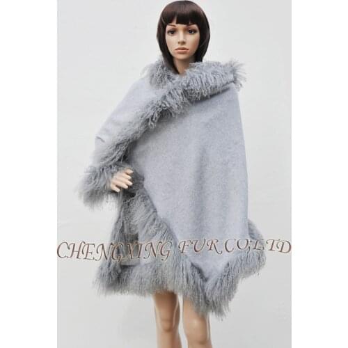 CX-B-P-01B Mongolian Lamb Fur Trim 100% Wool Cashmere Fur Shawl Cape LOTS OF COLOURS Drop Shipping