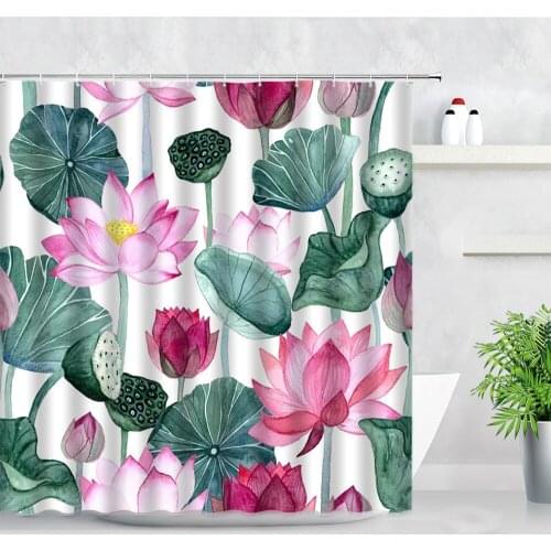 Chinese Style Hand Painted Lotus Shower Curtains Modern Home Decor Screens Pink Flowers Green Leaf Printing Simple Bath Curtain
