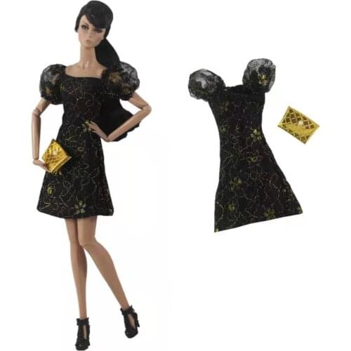 Classic Black Puff Sleeve Little Doll Dress for Barbie Clothes Outfits Princess Party Gown 1/6 BJD Dolls Accessory Dollhouse Toy