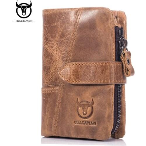 BULLCAPTAIN Famous Brand Zipper Short Wallets for MEN Cow Leather Wallet Card Holder Coin Pocket Bifold Purse