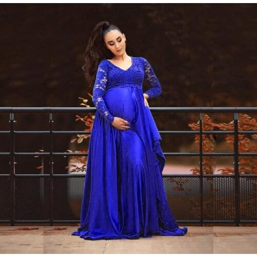 Maternity Baby Shower Dress V-Neck Long Sleeves Lace Chiffon Maxi Gown Pregnant Women Fancy Photo Shoot Photography Prop Clothes