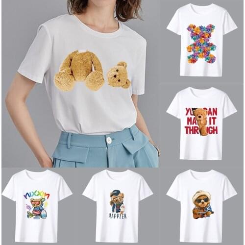 Summer Women T-shirts White All-match Print Tee Kawaii Cartoon Bear Pattern Series Short Sleeve Tops O-neck Ladies Shirt Clothes