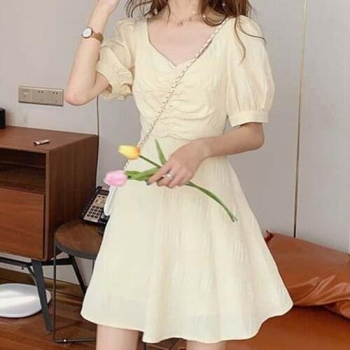Mini+midi Dress Women Yellow Sweet Square Collar Lovely Back Hollow Out Dresses Robes Femme Vintage Elegant Puff Sleeve Vestidos