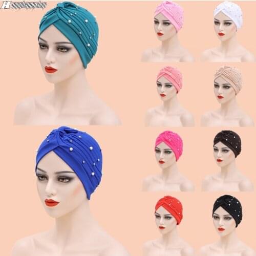 Muslim Beaded Hijab Scarf Women Twist Turban Female India Headwear Head Wrap Scarf Stretch Beanie Bonnet Chemo Hair Care Turbans
