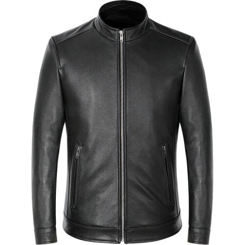 Mens Leather Jacket Black Genuine Leather Slim Fit Short Style Top Motorcycle Biker Jacket Stand Collar Cowhide Coat
