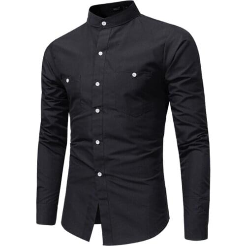 Mens Shirt Long Sleeve Stand Collar Solid Color Cardigan Shirt with Pockets Casual Slim Type Single-Breasted Tops