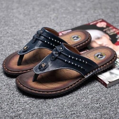 Handmade Genuine Leather Mens Flip Flops Summer Genuine Leather Men Shoes Fashion Beach Sandals Outside Mens Slippers Casual