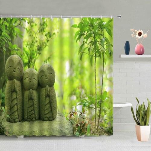 Green Forest Shower Curtain Set BambooTrees Plants Flowers Birds Paths Sunshine Scenery Bathroom Bathtub Decor Screen Washable
