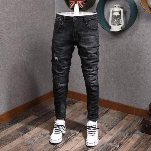 Newly Designer Fashion Men Jeans Black Gray Color Elastic Slim Fit Ripped Denim Trousers Korean Style Vintage Pencil Pants Homme