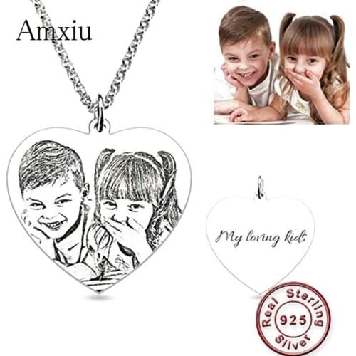 Amxiu Engrave Words Custom Picture 925 Sterling Silver Necklace Heart Pendant Personalized Photo Necklace Jewelry For Lover Gift