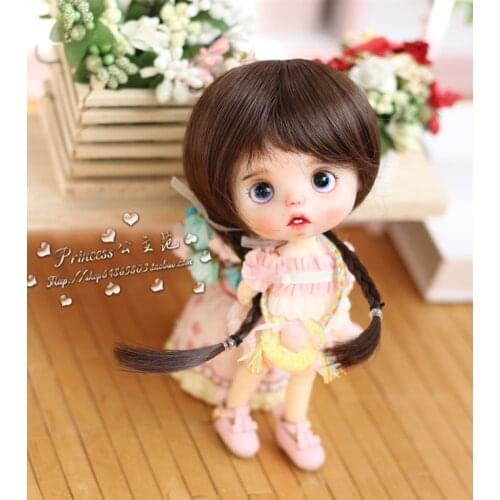 BJD doll wig suitable for 1/8 size OB11 fashion new Xiaoxiao Double braid mushroom head false hair high temperature silk black