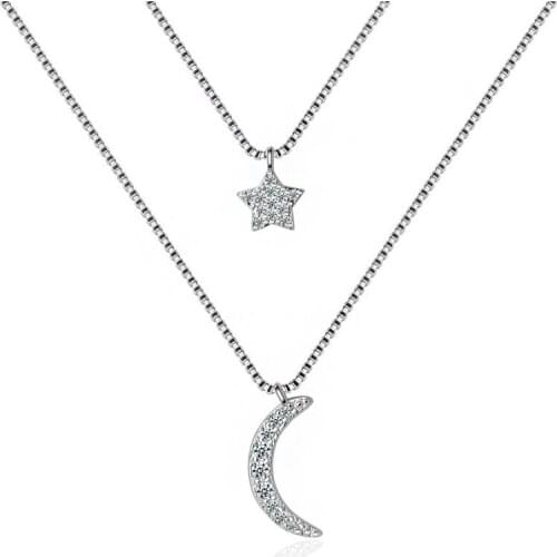 Star & Moon Zirconia Pendants Double layer Chain Necklaces Silver Color Chain Necklaces Fashion Party Jewelry Gifts For Women
