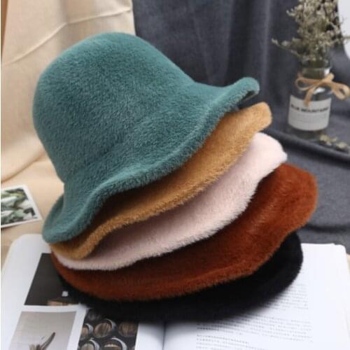 Bucket hat Imitation mink furhat winter warm Fishing Caps Faux Fur Bucket Hat Women tide Flat Top Hats UV Protection Fisherman
