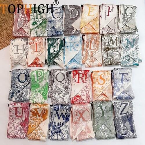 TOPHIGH English Letters Fashion Print Scarf Brand 100% Silk Scarves Women Design Neckerchief Bag Hair Accessories Luxury Head