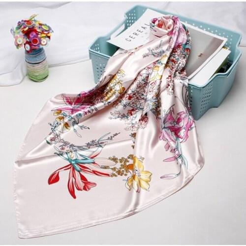 90*90cm Silk Flower Scarves Women Foulard Square Head Hijab Scarf Ladies Satiny Shawl wrap muffler pareo female hijab poncho