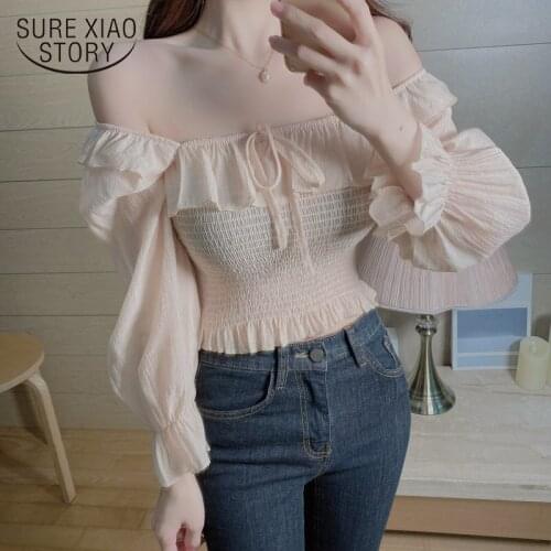 Vintage Square Collar Sweet Puff Sleeve Women Blouse Shirts Elegant Slim Waist Ruffles Female Blouse White Tops Blusas 10094