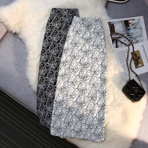 Face Printed Split Long Korean Fashion Style Autumn Summer Skirts For Vintage Kawaii WomenS 2021 Clothes High-Waisted Skirt