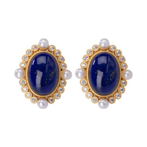 S925 sterling silver gold plated Natural lapis lazuli Pearl Ear studs Light luxury Temperament All-matching Ladies Earrings