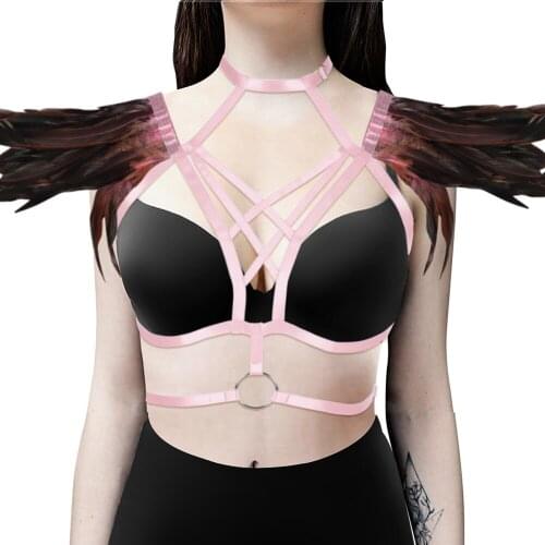 Womens Underwear Bdsm Sword Belt Gothic Clothes Rave Wear Feather Garters Belt Body Harness Bra Sexy Lingerie Goth Stockings