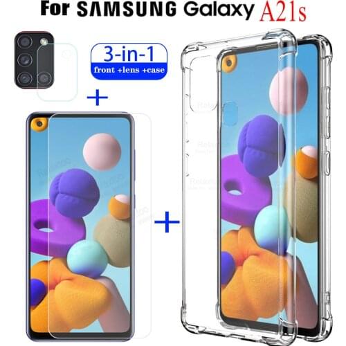 3in1 Transparent Clear TPU Silicone Case For Samsung A21s Tempered Glass for Galaxy A21s A21 s Camera Protection Film cover
