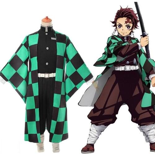 Anime Demon Slayer Cosplay Kimetsu no Yaiba Tanjiro Kamado Uniform Cosplay Costume Mens Kimono for Halloween Party Outfit CS001