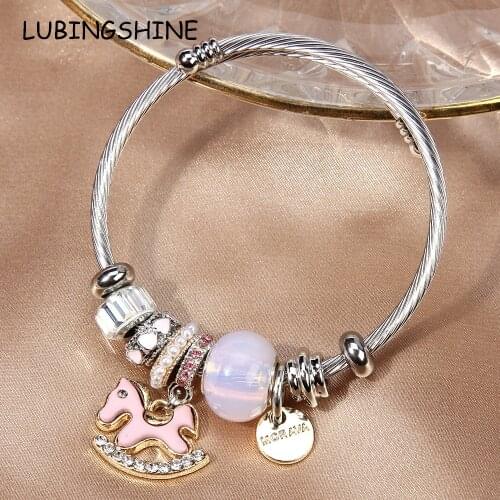 Stainless Steel Crystal Horse Bracelet for Women Girls Adjustable Rhinestone Letter Tag Open Cuff Wire Bangle DIY Jewelry
