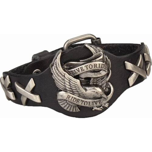 Mens Leather Bracelet Eagle Spirit LIVE TO RIDE Motorcycle Biker Wristband for Men Punk Adjustable Skull Bangles Males Jewelry